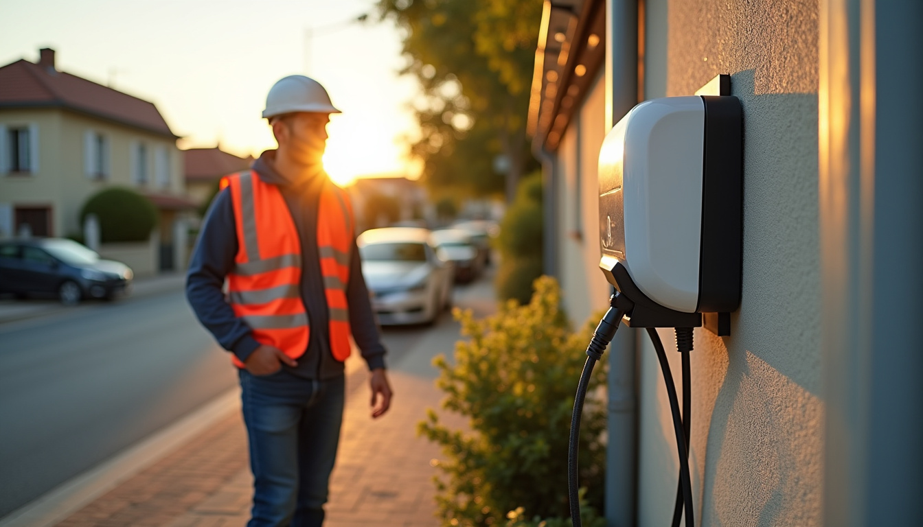 Électricien en train d'installer une borne de recharge pour voiture électrique à Saint-Aubin-de-Médoc