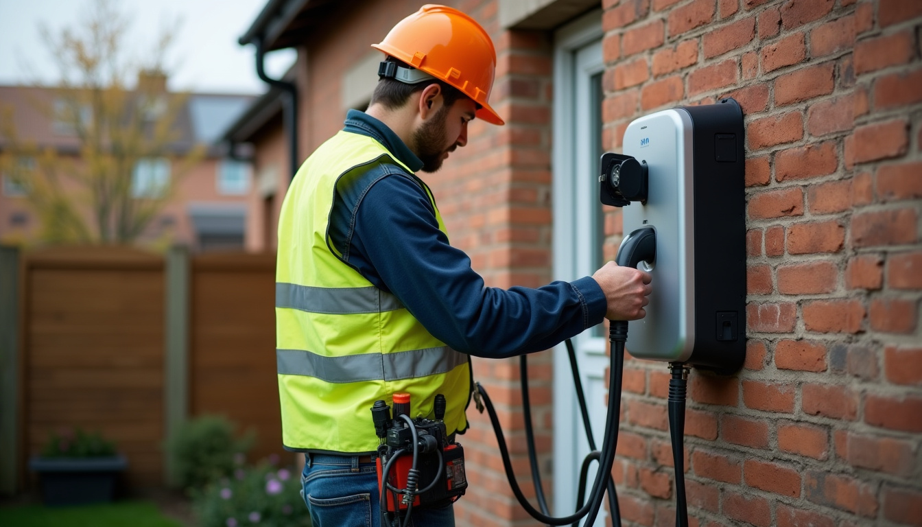 Électricien en train d'installer une borne de recharge sur un mur extérieur à Groffliers