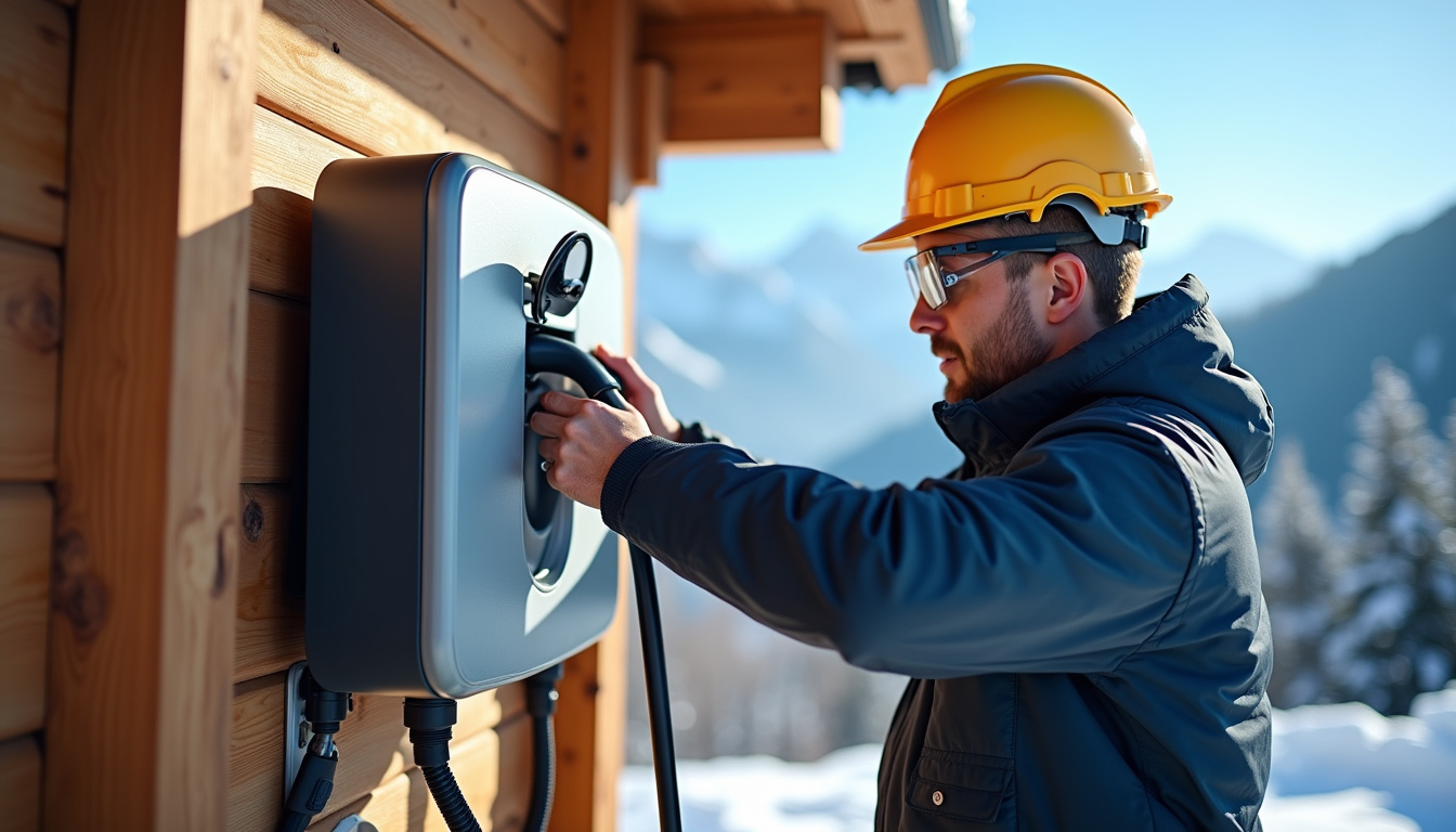 Électricien en train d'installer une borne de recharge sur un mur extérieur d'un chalet à La Clusaz, avec équipement de protection