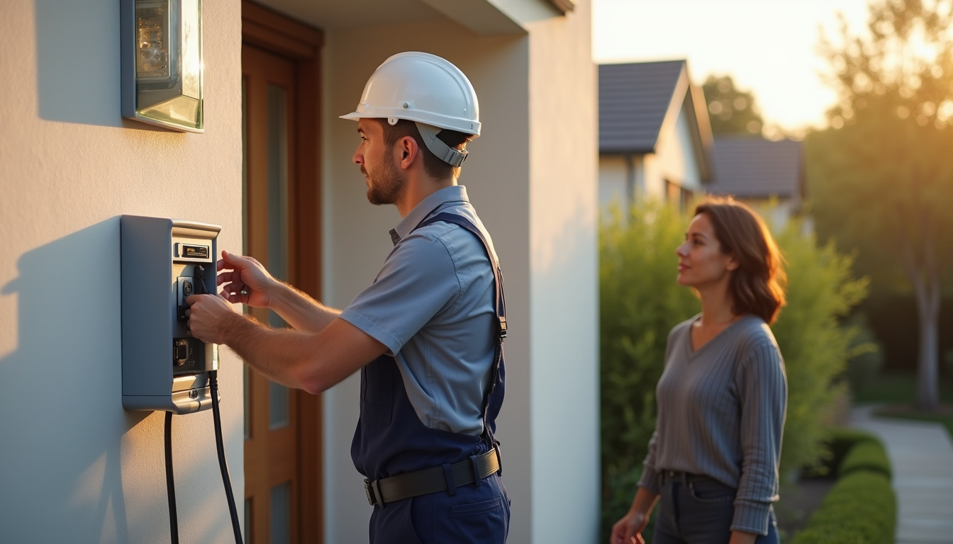 Électricien en train d’installer une borne de recharge sur un mur extérieur en présence du propriétaire