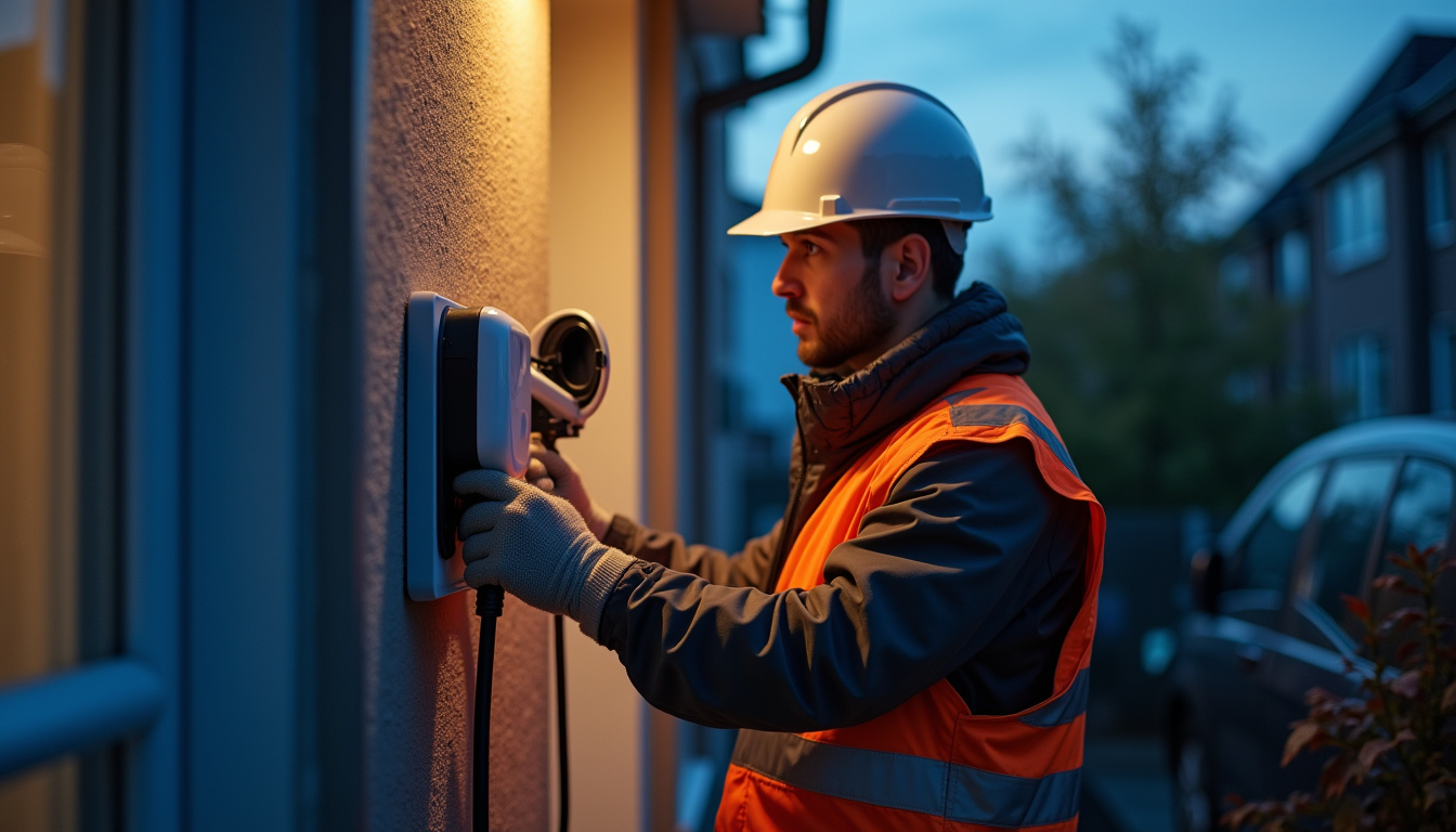 Électricien en train d'installer une borne de recharge sur un mur extérieur, équipement de sécurité visible