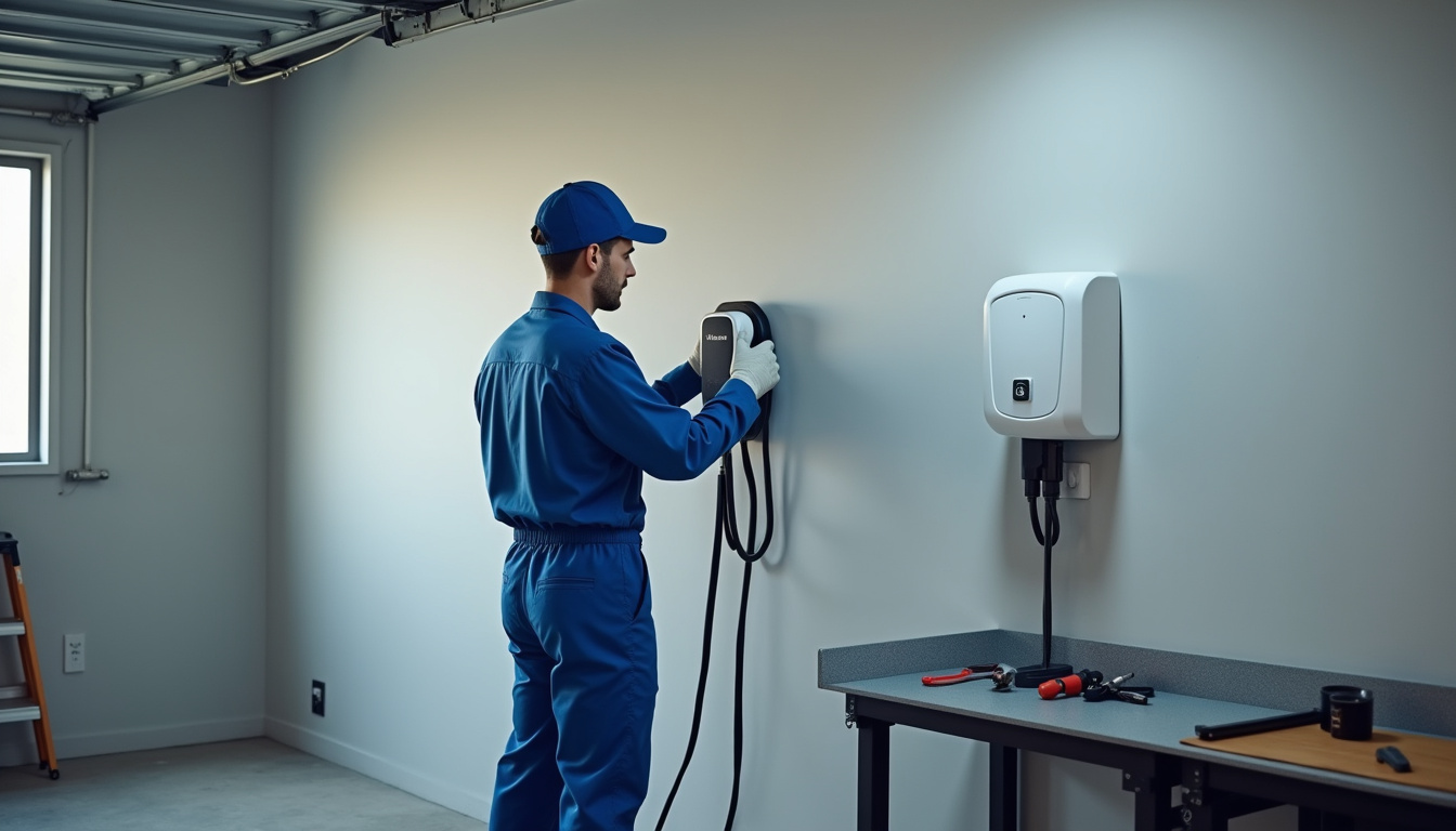 Électricien en train d’installer une borne murale dans un garage à Pérignat-lès-Sarliève