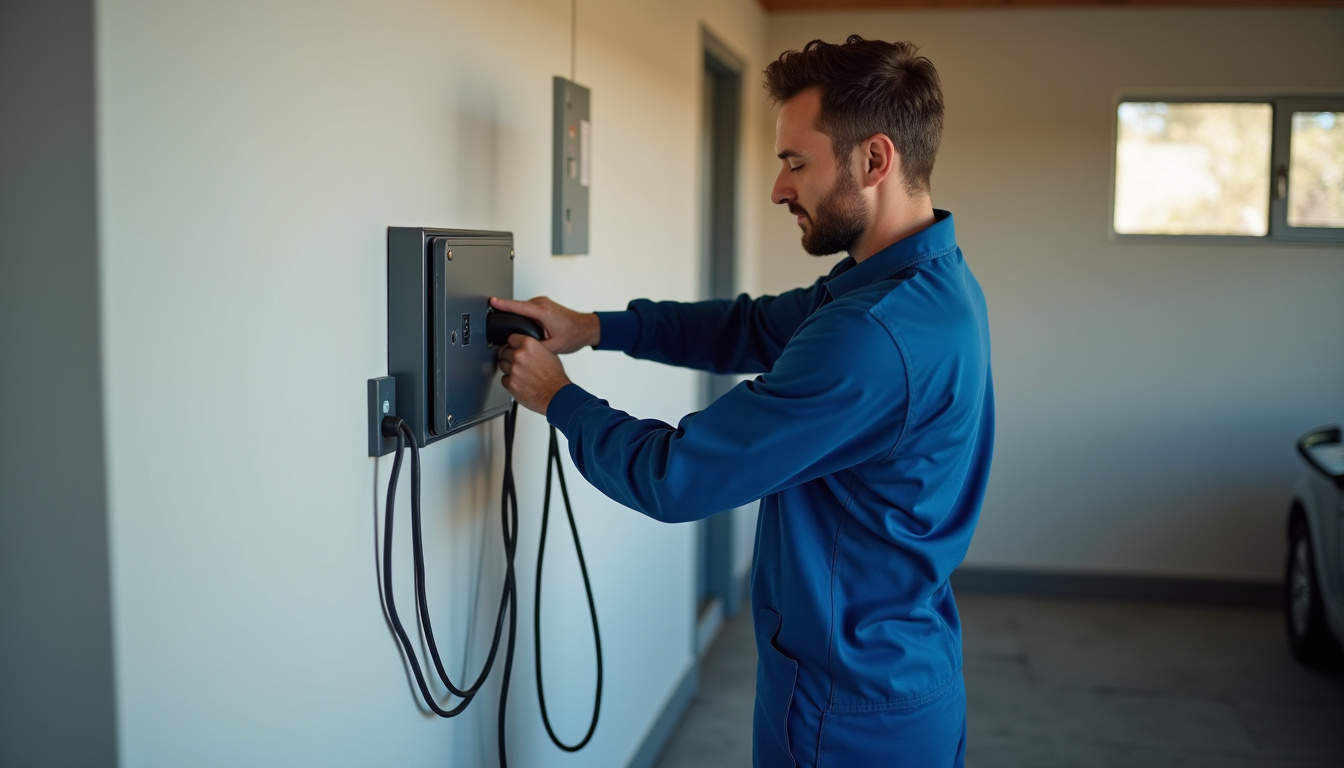 Électricien en train d'installer une wallbox murale dans un garage privé à Jonzac, câble raccordé au tableau électrique