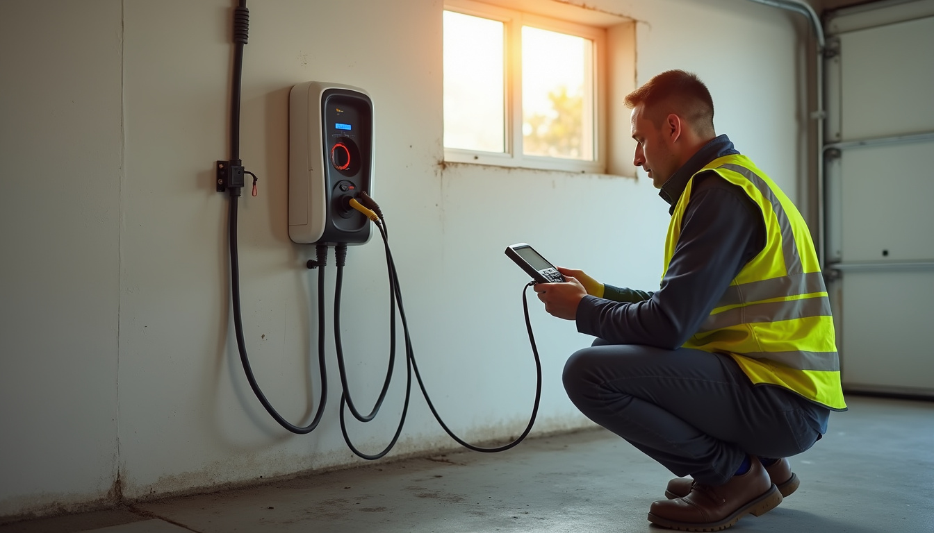 Électricien IRVE en train de tester une borne de recharge nouvellement installée
