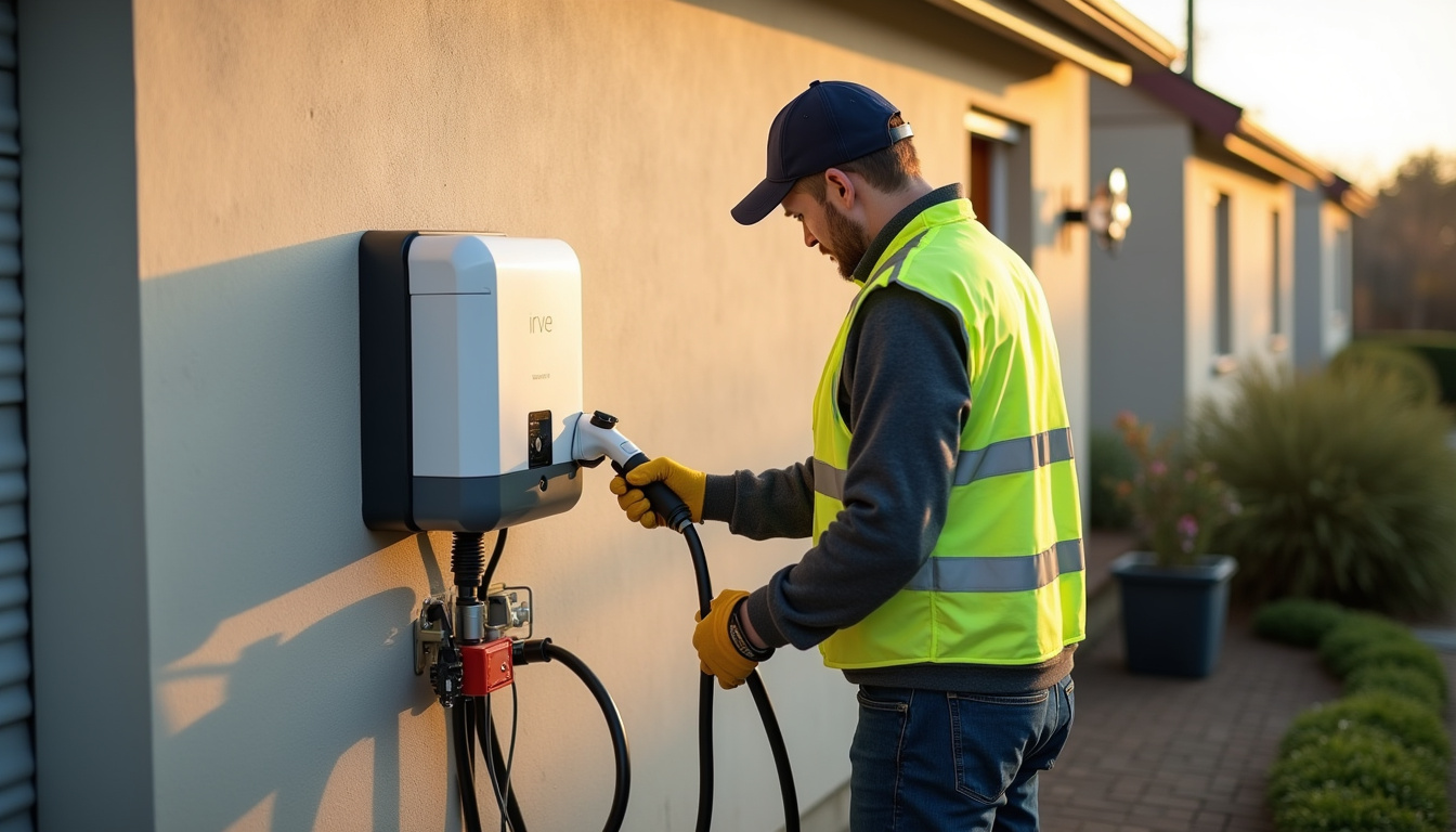 Électricien IRVE en train d'installer une borne de recharge à Barlin