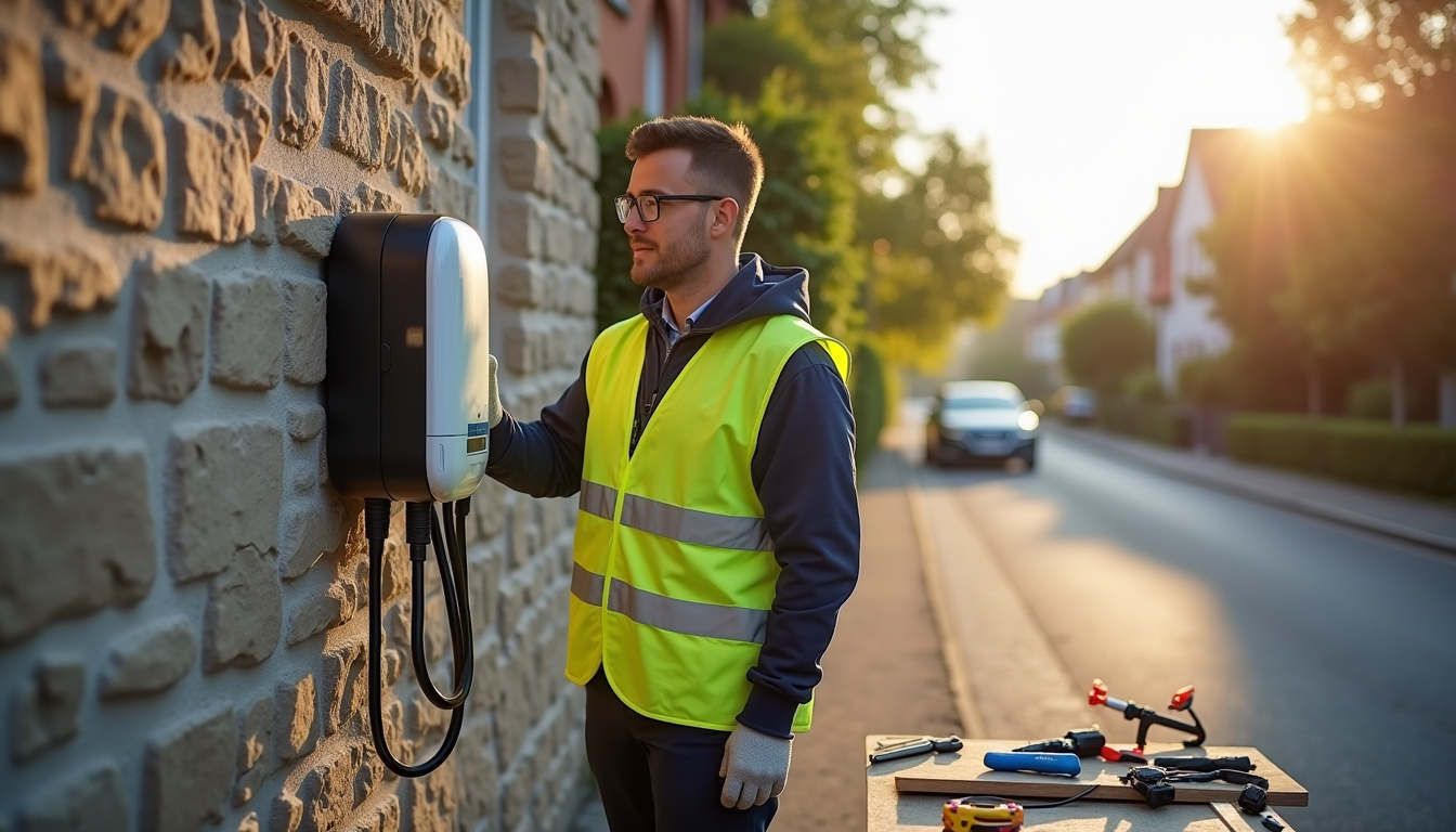 Électricien IRVE en train d’installer une borne de recharge à Mertzwiller