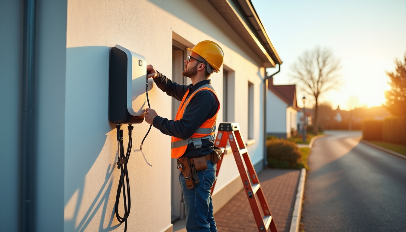 Électricien IRVE en train d'installer une borne de recharge à Pontgouin