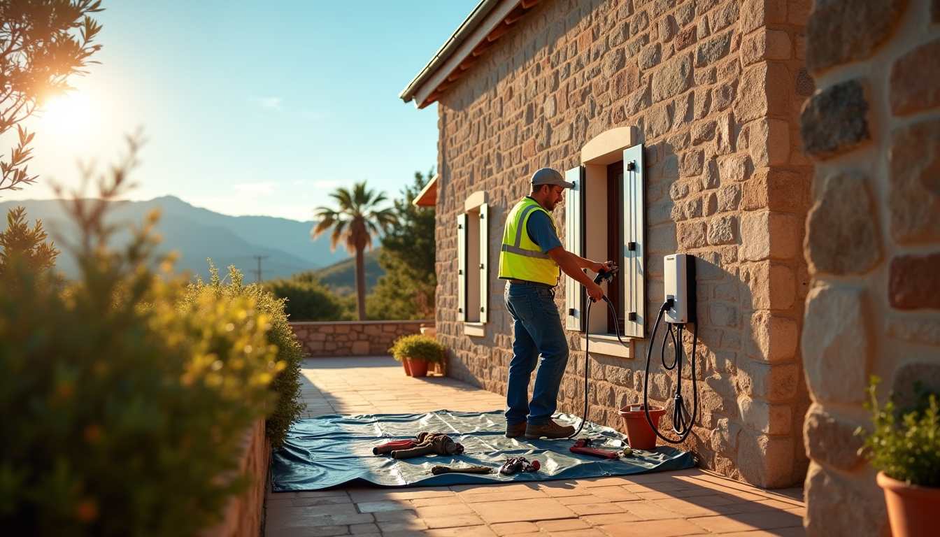 Électricien IRVE en train d'installer une borne de recharge dans une maison à Ventiseri