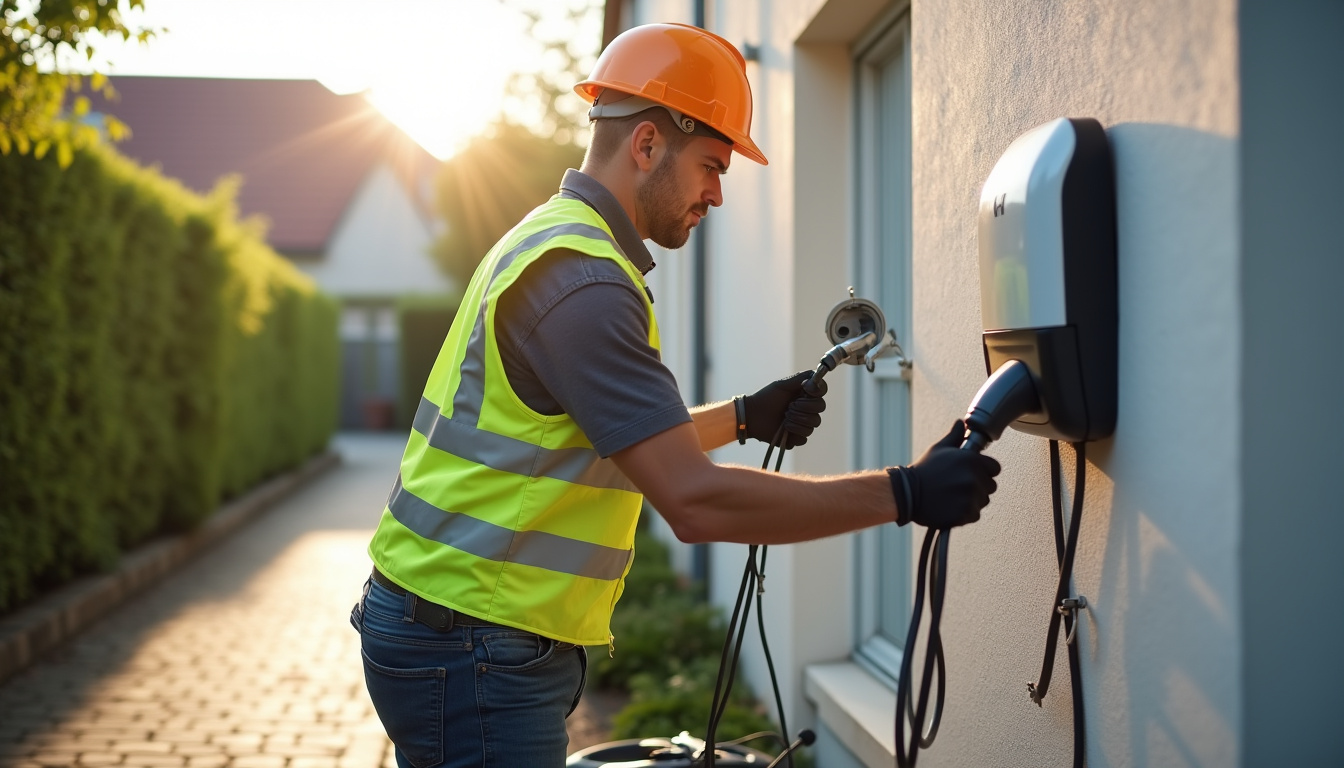 Électricien IRVE en train d'installer une borne de recharge murale à Sanvignes-les-Mines