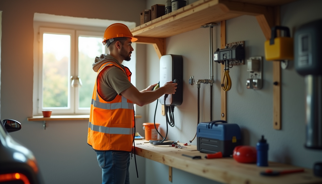 Électricien IRVE en train d'installer une borne de recharge murale dans un garage à Domérat