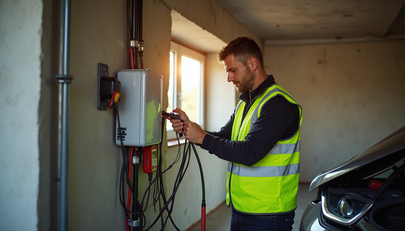 Électricien IRVE en train d’installer une borne de recharge murale dans un garage à Val-d’Izé, avec matériel professionnel et outils de contrôle