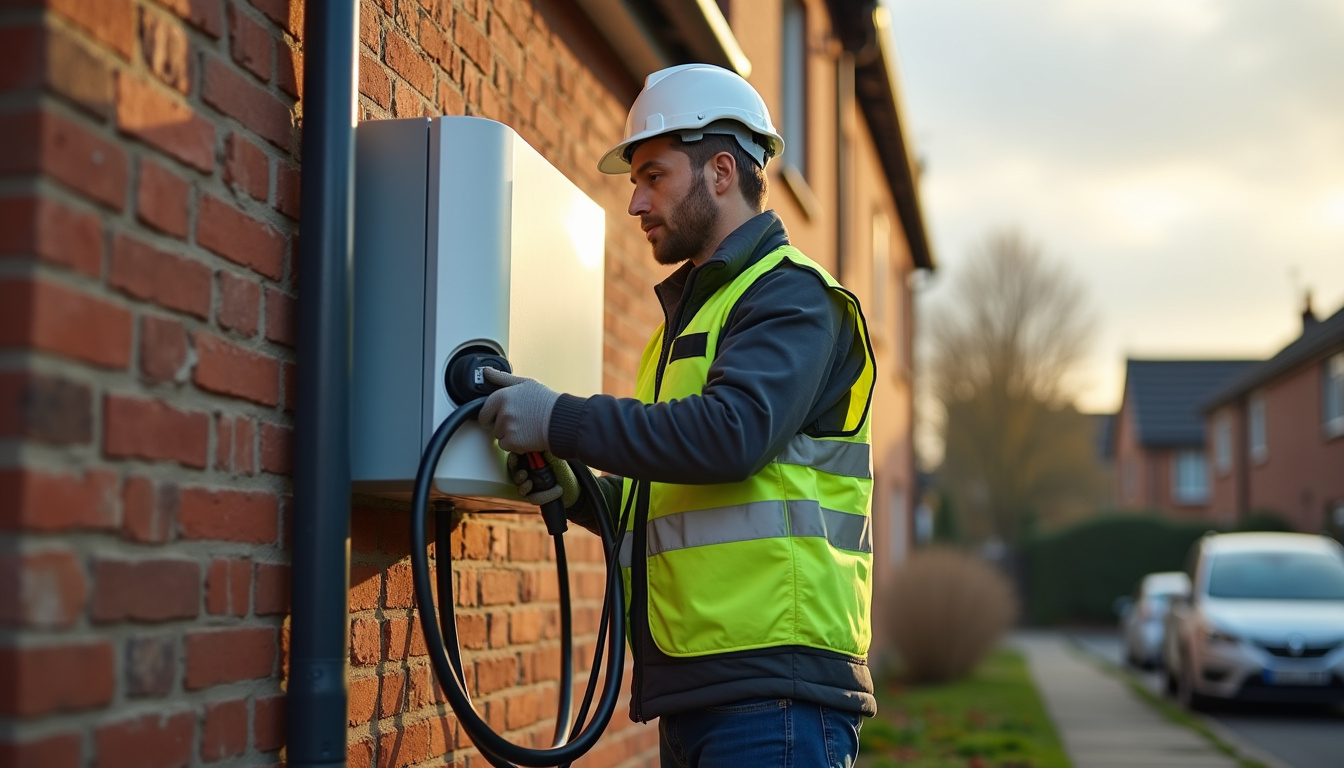 Électricien IRVE en train d'installer une borne de recharge sur un mur extérieur à Audruicq