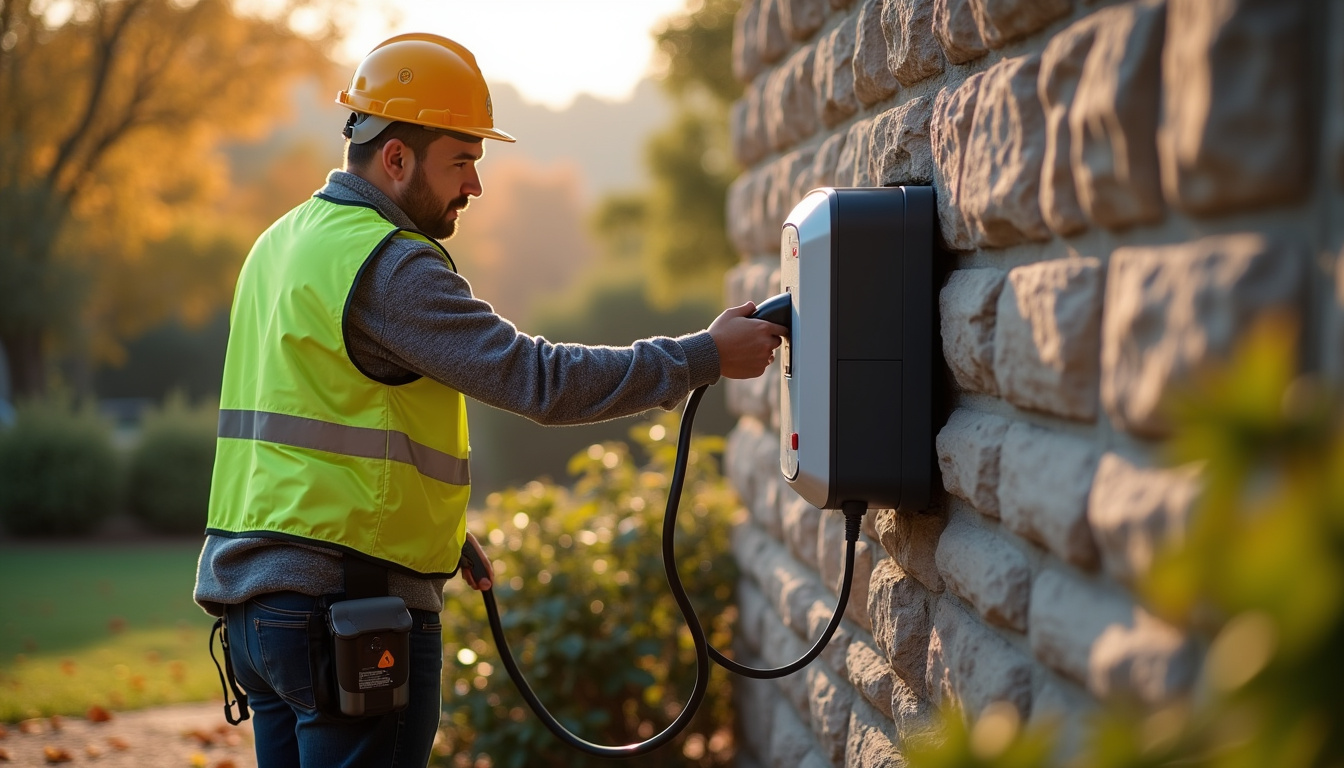 Électricien IRVE en train d’installer une borne de recharge sur un mur extérieur à Puiseaux