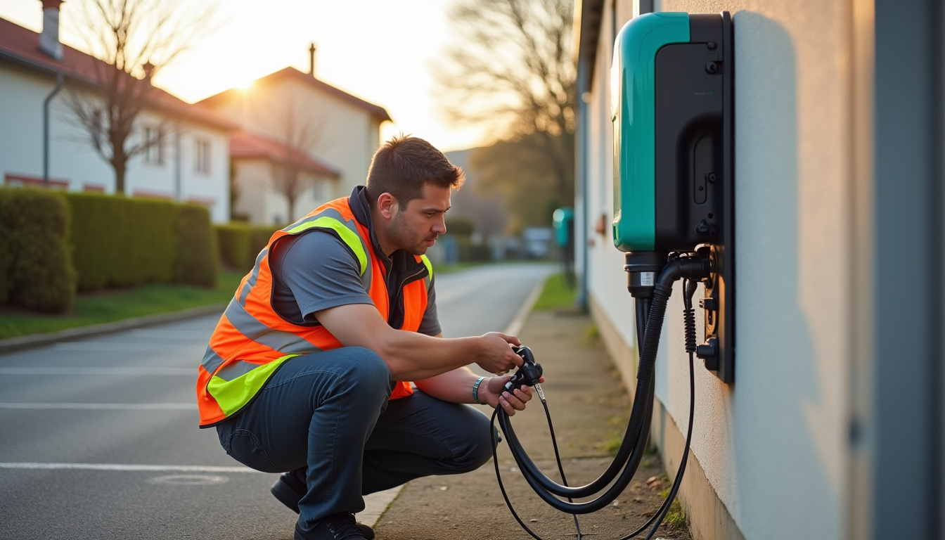 Électricien qualifié IRVE en train d'installer une borne électrique à Orcet