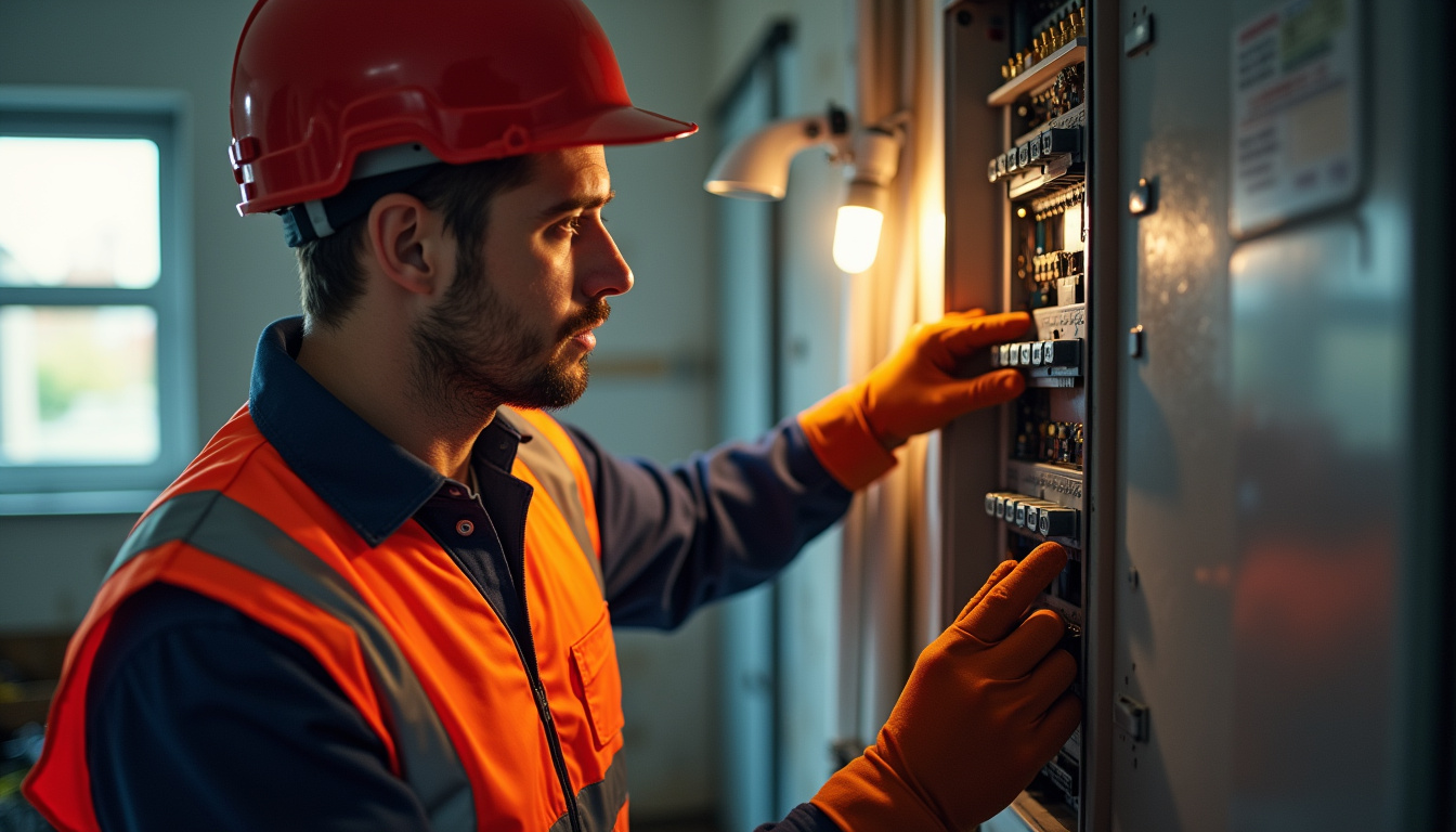 Électricien vérifiant le tableau électrique avant installation d'une borne de recharge à Illiers-Combray
