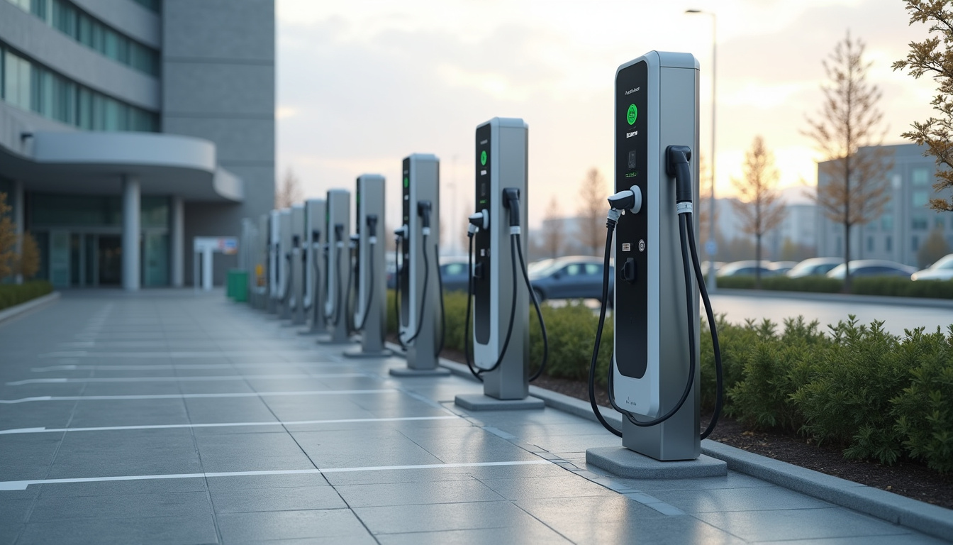 Ensemble de bornes de recharge installées dans une zone d'activité de Bondues, avec véhicules électriques en charge