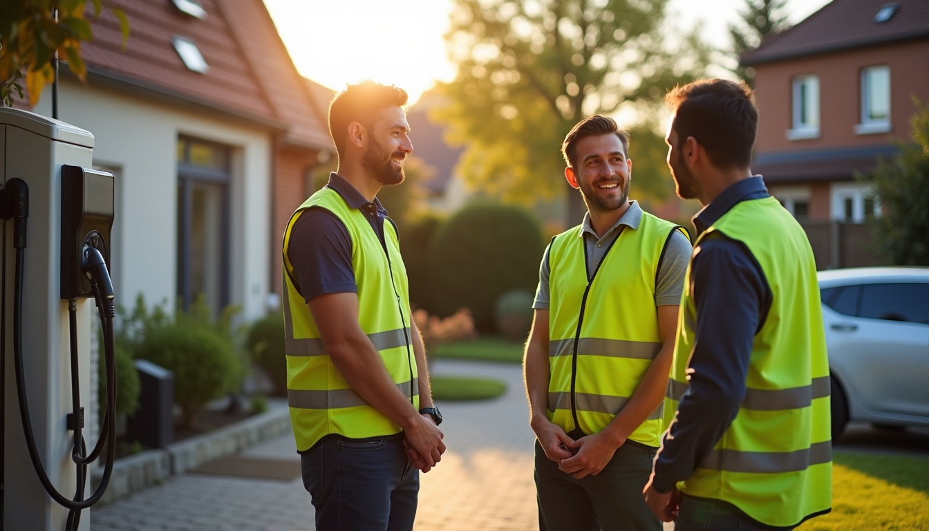 Équipe d'électriciens certifiés IRVE en tenue de travail, en discussion avec un client devant une borne nouvellement installée