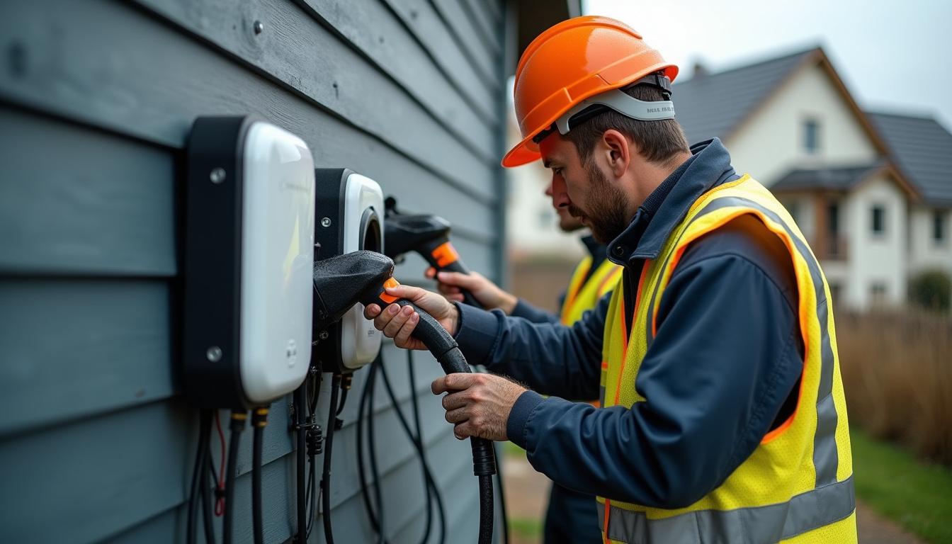 Équipe d’électriciens en train d’installer une borne de recharge sur un mur extérieur à Coat-Méal, avec outils et matériel de sécurité