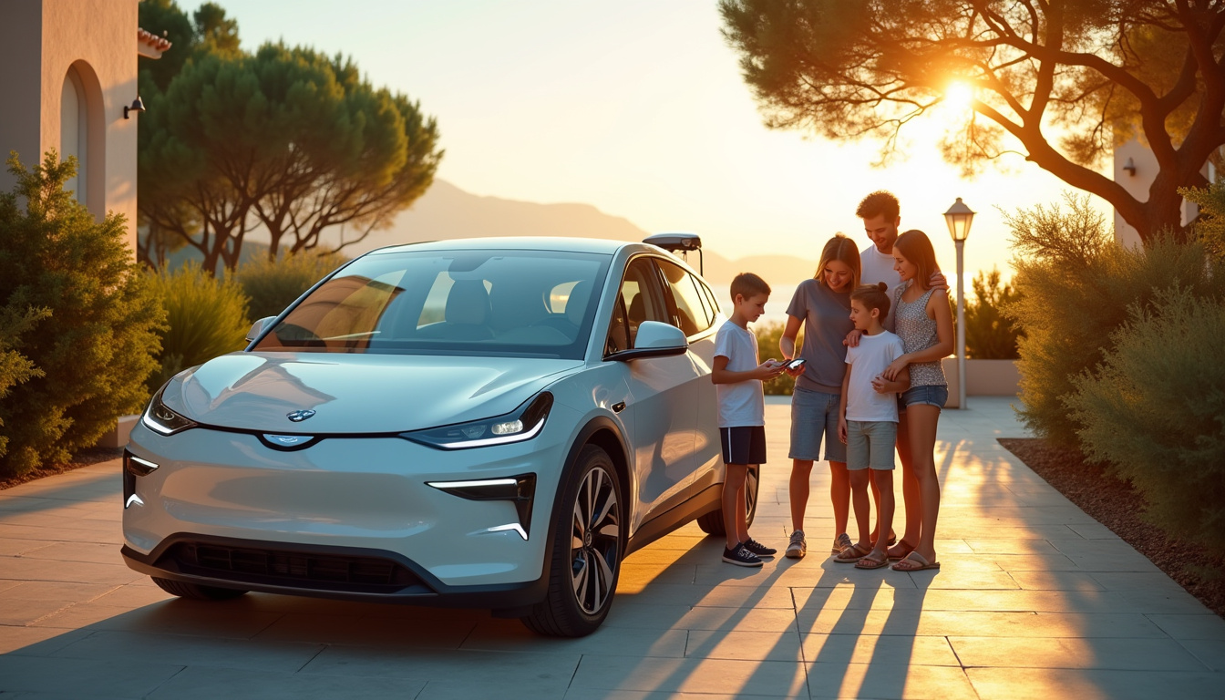 Famille utilisant une application mobile pour programmer la recharge de leur véhicule électrique à La Croix-Valmer