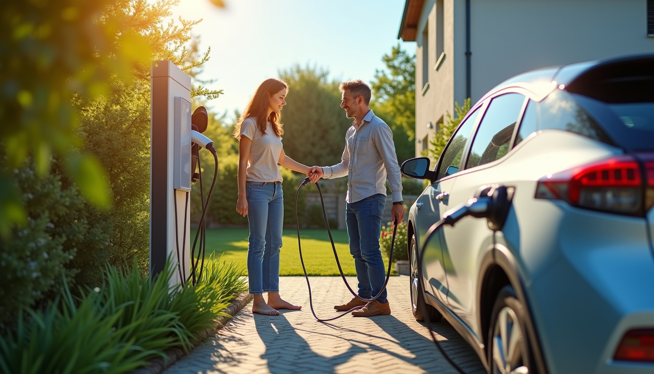 Famille utilisant une borne de recharge électrique devant leur domicile à Vendargues, en journée ensoleillée