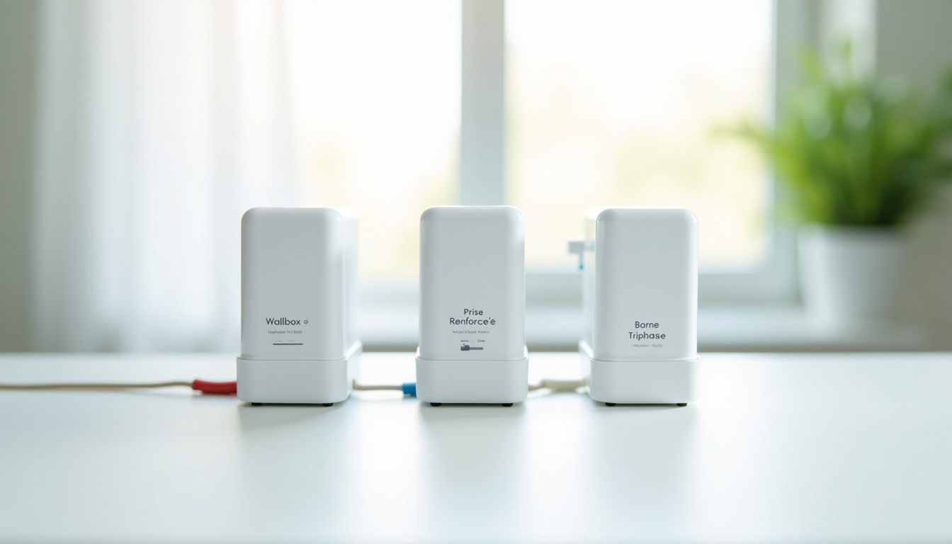 Illustration des différents types de bornes de recharge: wallbox, prise renforcée et borne triphasée