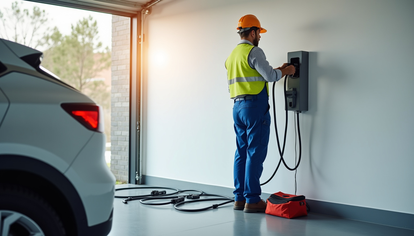 Installateur professionnel en train de raccorder une borne de recharge électrique