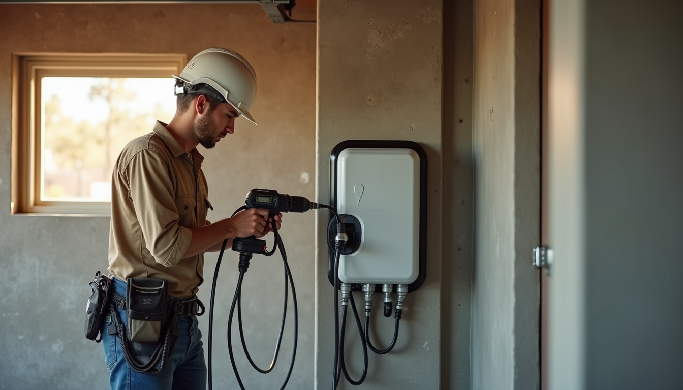 Installation d’une borne de recharge dans un garage privé à Chierry, montrant l’électricien en train de fixer la borne au mur