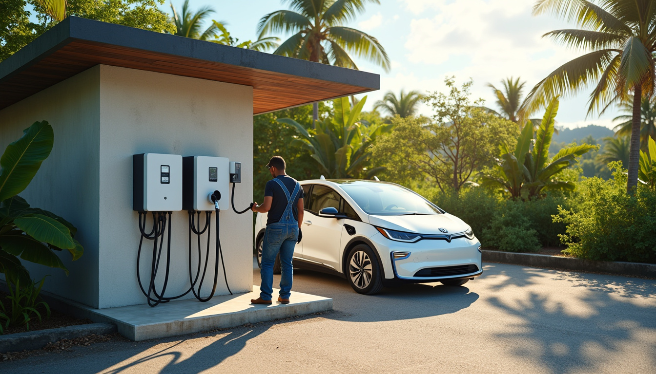 Installation d'une borne de recharge électrique à Apatou, positionnée près d'un garage avec câblage court vers le tableau électrique