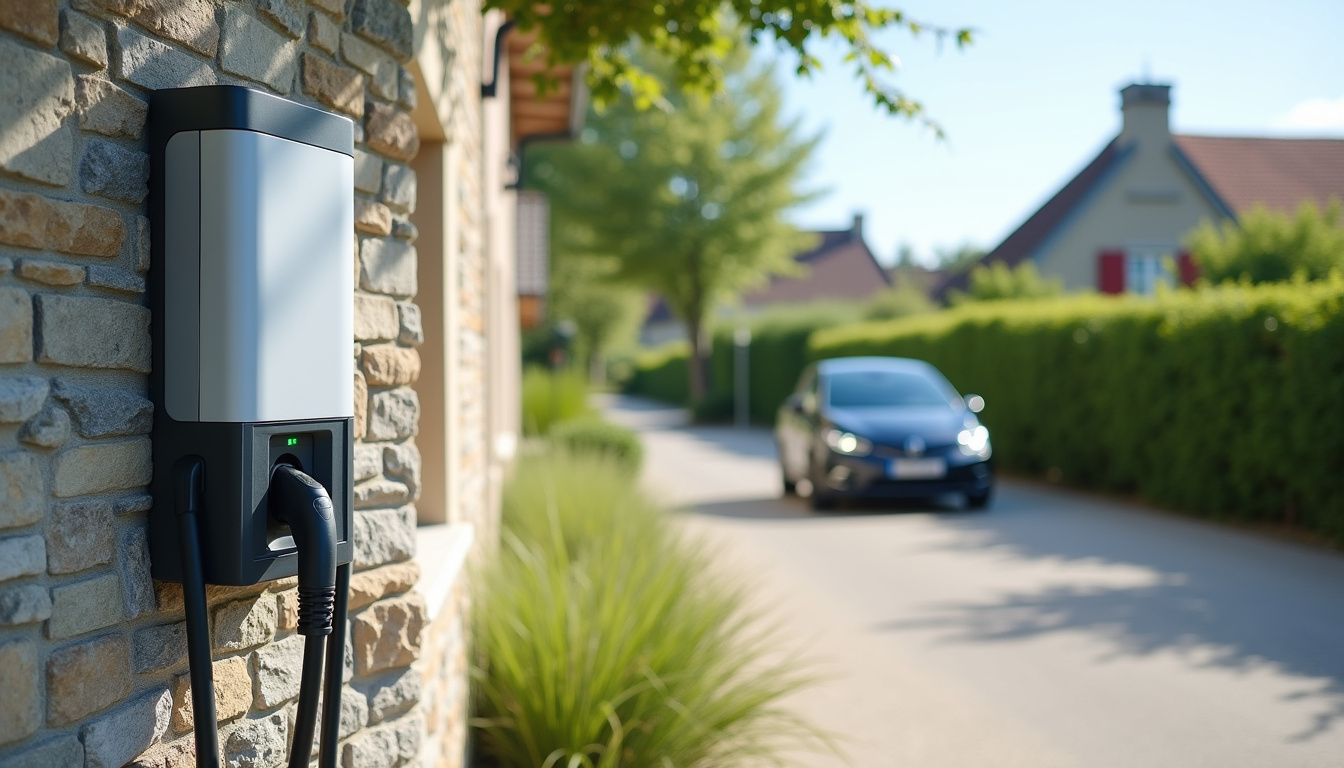 Installation d'une borne de recharge électrique à Bénéjacq, en extérieur, vue de jour