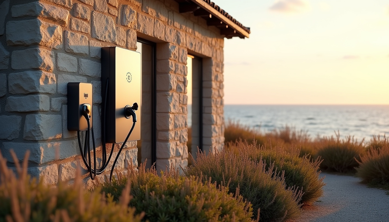 Installation d'une borne de recharge électrique à l'extérieur d'une maison à La Guérinière, en zone littorale