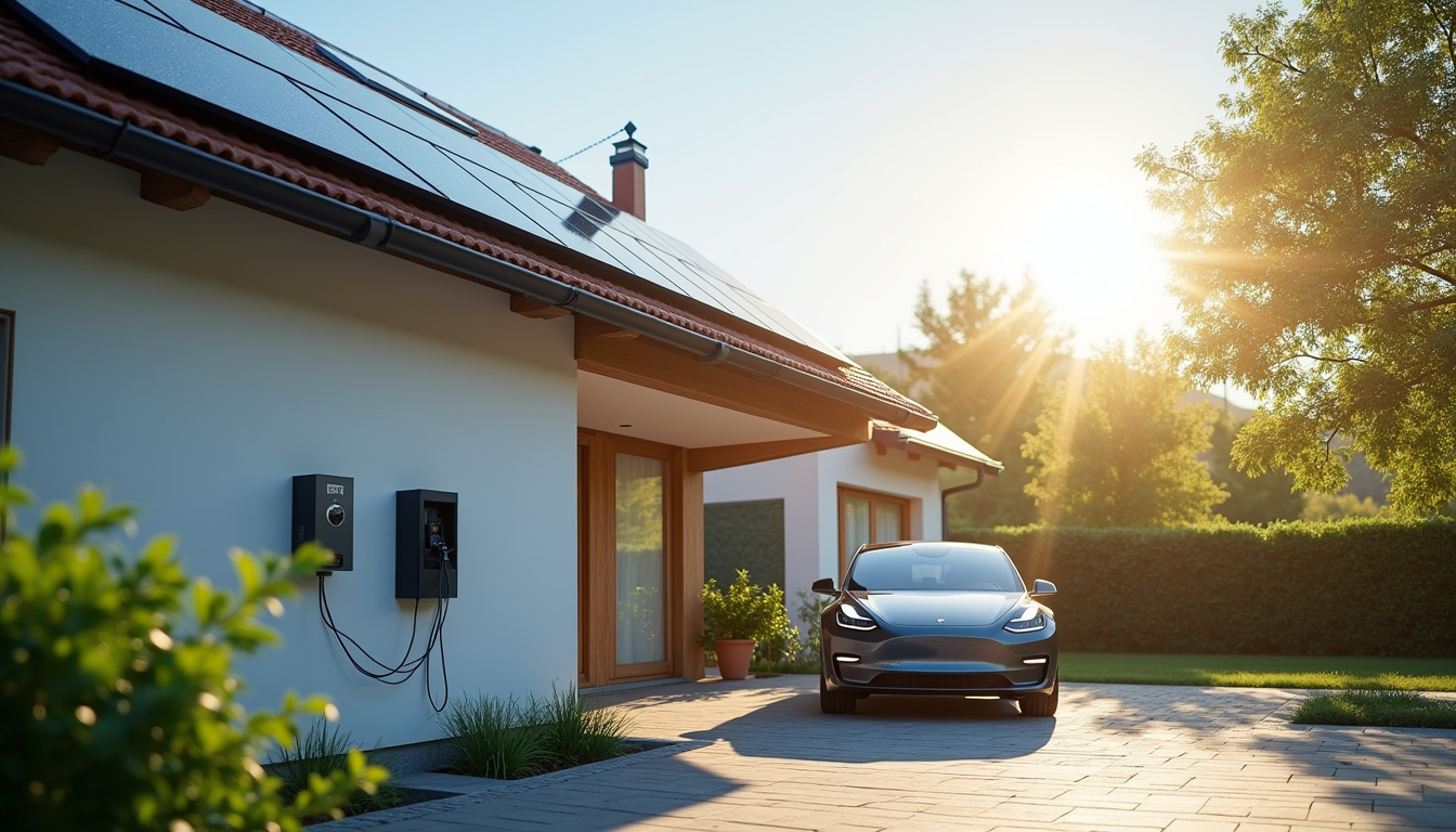 Installation d'une borne de recharge électrique connectée à des panneaux photovoltaïques sur un toit