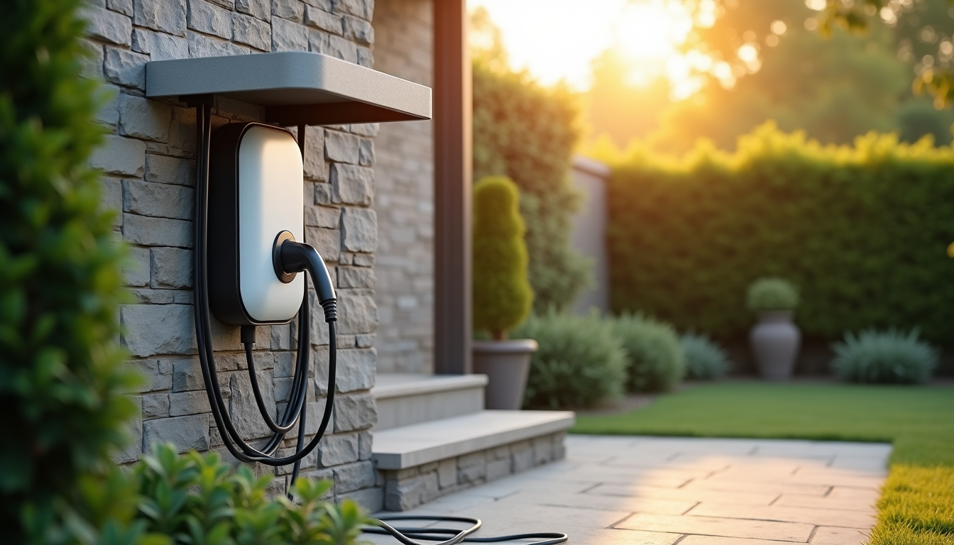 Installation d'une borne de recharge électrique en extérieur, fixée sur un mur extérieur à l'abri des intempéries