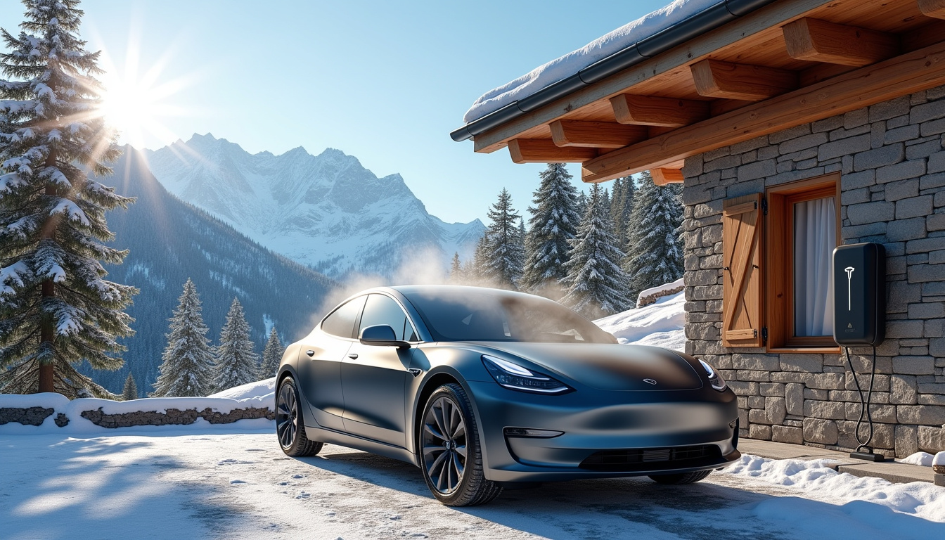 Installation d'une borne de recharge électrique en milieu montagneux, vue de jour avec véhicule stationné à proximité