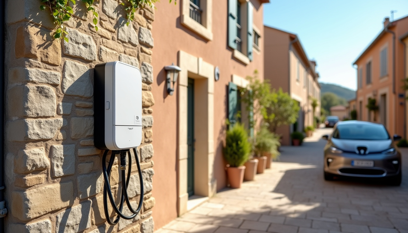 Installation d'une borne de recharge électrique sur la façade d'une maison individuelle à Aigues-Mortes