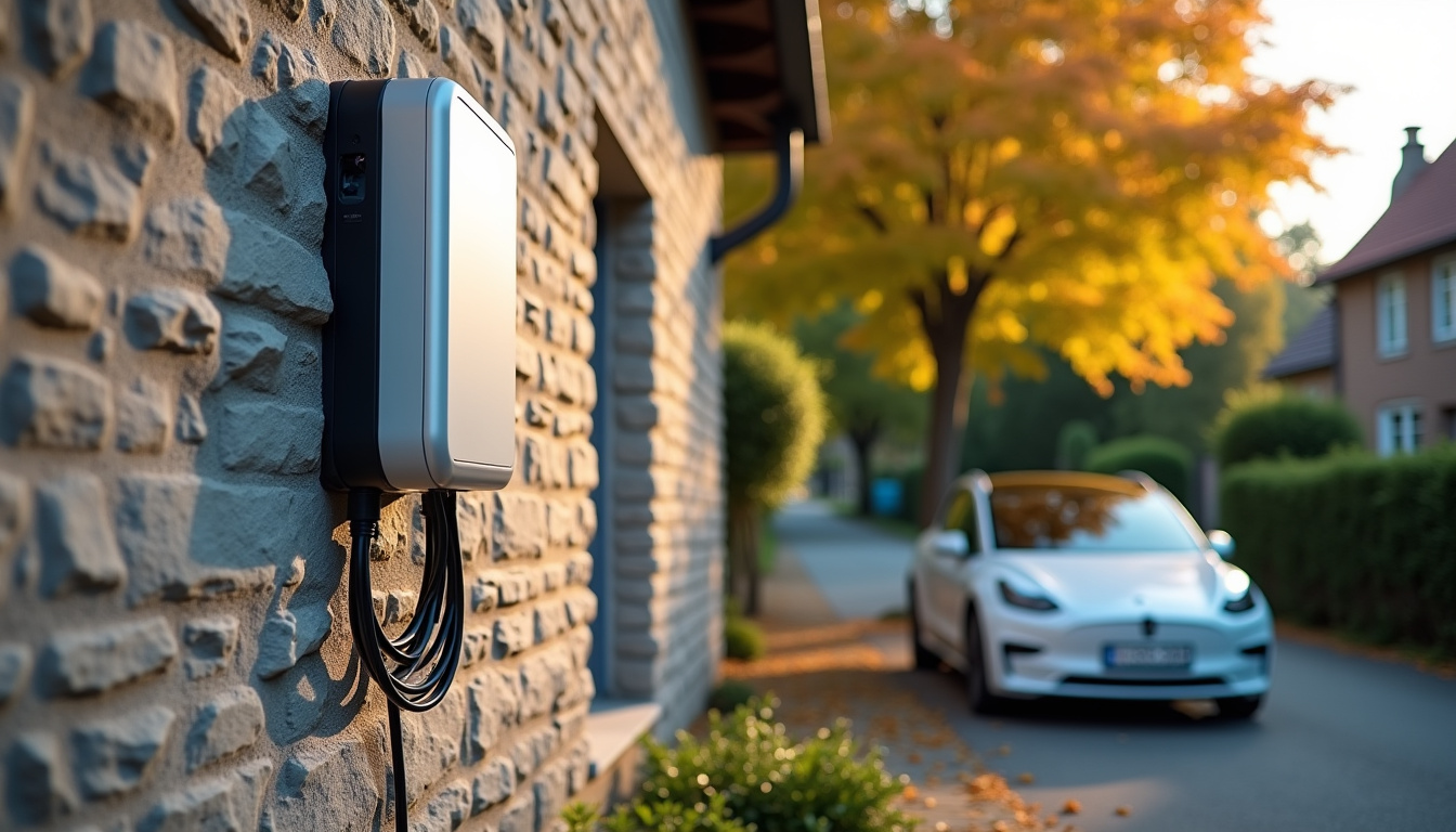 Installation d'une borne de recharge électrique wallbox à l'extérieur d'une maison à Priay