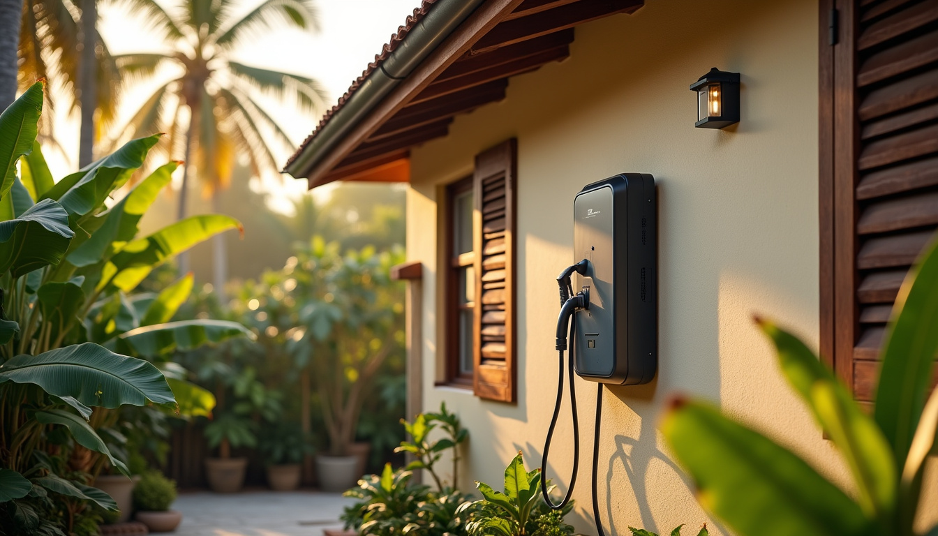 Installation d'une borne de recharge murale sur une maison individuelle à Vieux-Habitants, en milieu tropical