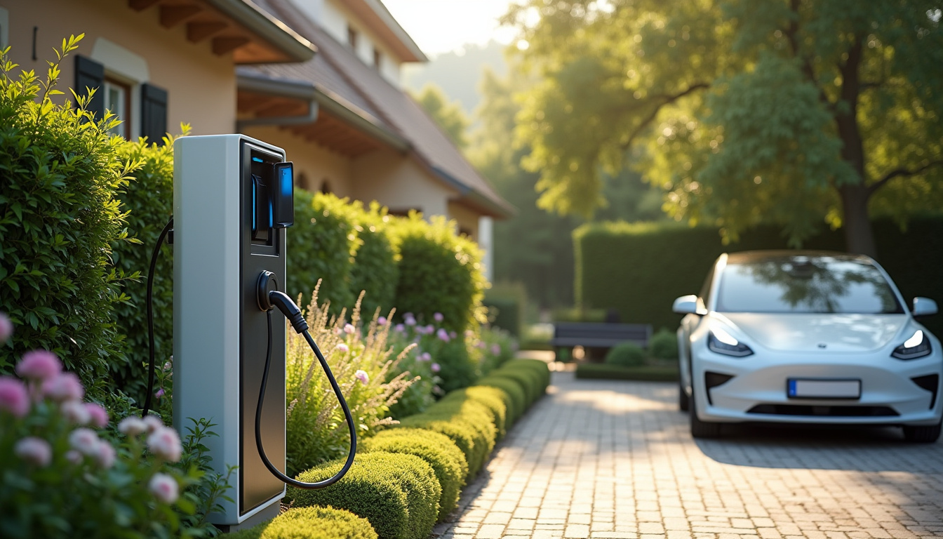 Installation d'une borne de recharge pour voiture électrique dans un jardin à Lusignan