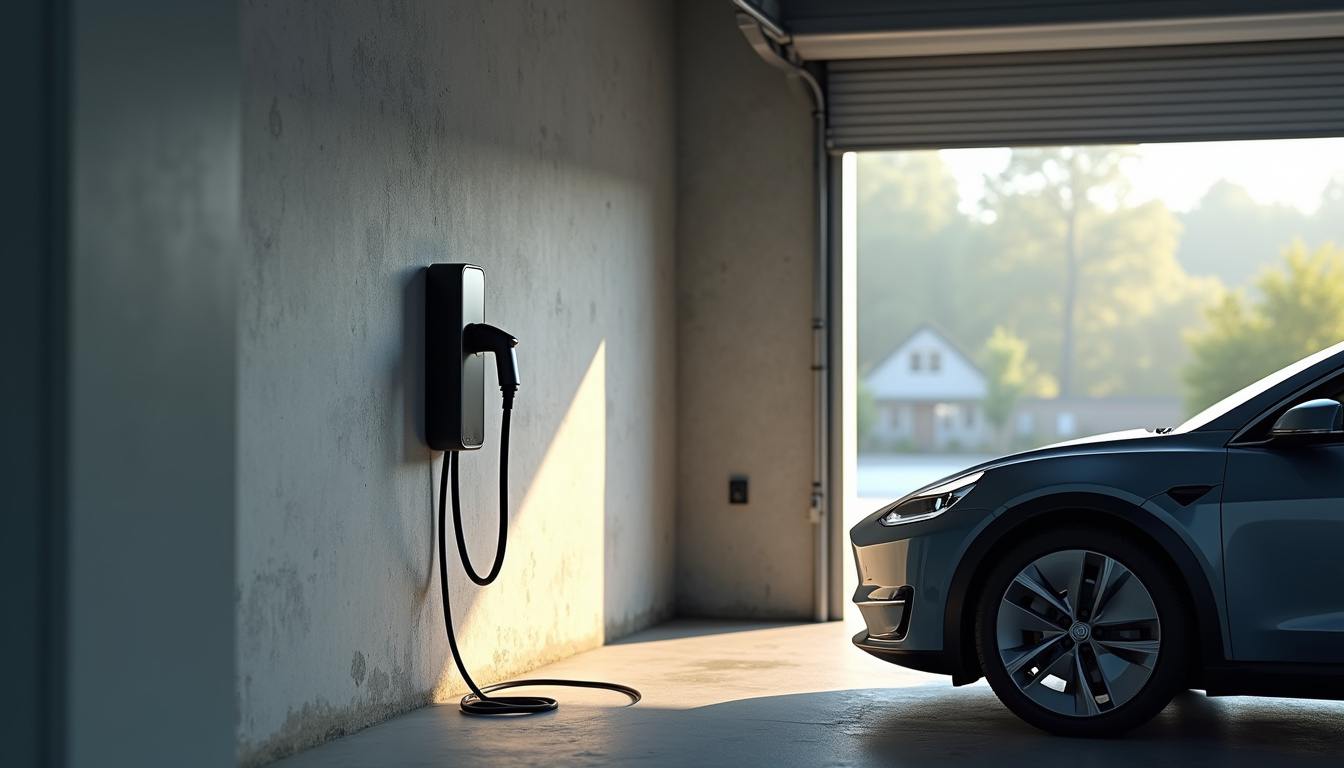Installation d'une borne électrique fixée au mur d'un garage, câble déroulé et raccordé à une voiture électrique