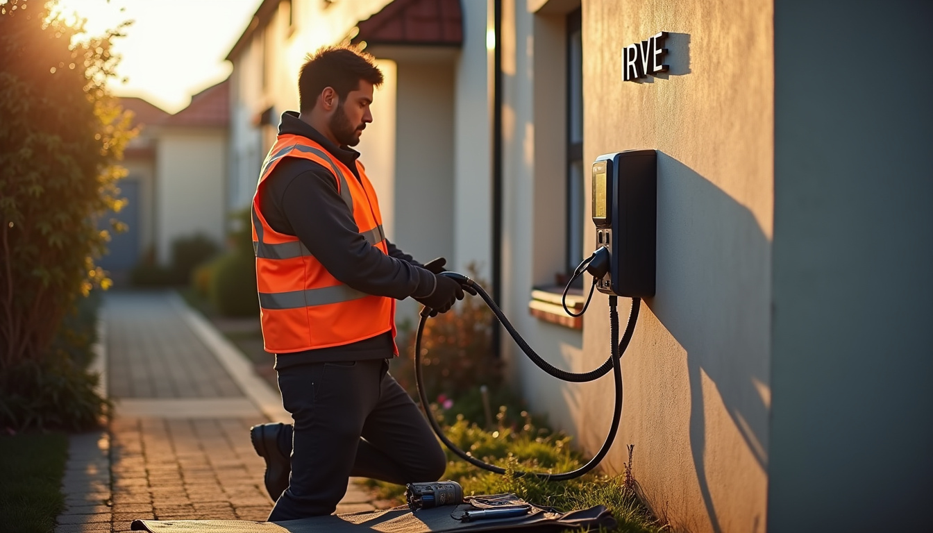 Intervention d'un technicien IRVE lors de l'installation d'une borne électrique à Beaumont-le-Roger