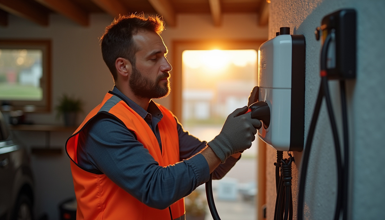 Photographie d'un installateur en train de poser une borne électrique dans un garage à Aussonne