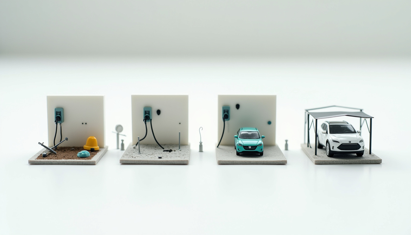Photographie illustrant les différentes étapes d'une installation de borne de recharge en extérieur