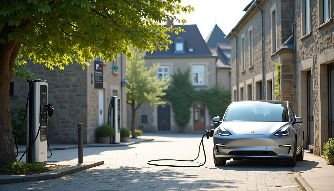 Point de recharge public sur la place de la mairie à La Haye-Malherbe