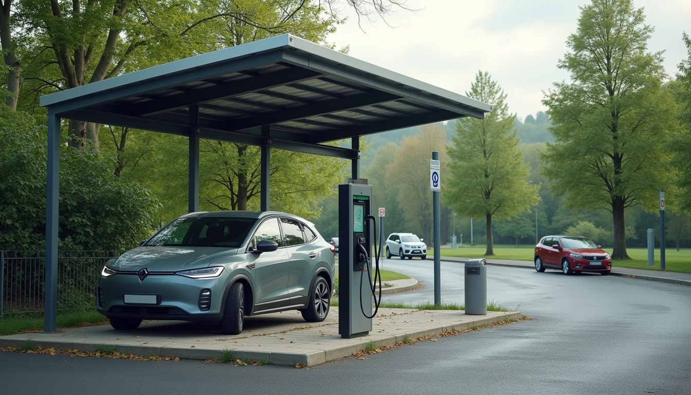 Station de recharge électrique en extérieur, située sur un parking public de Saint-Léger-de-Linières