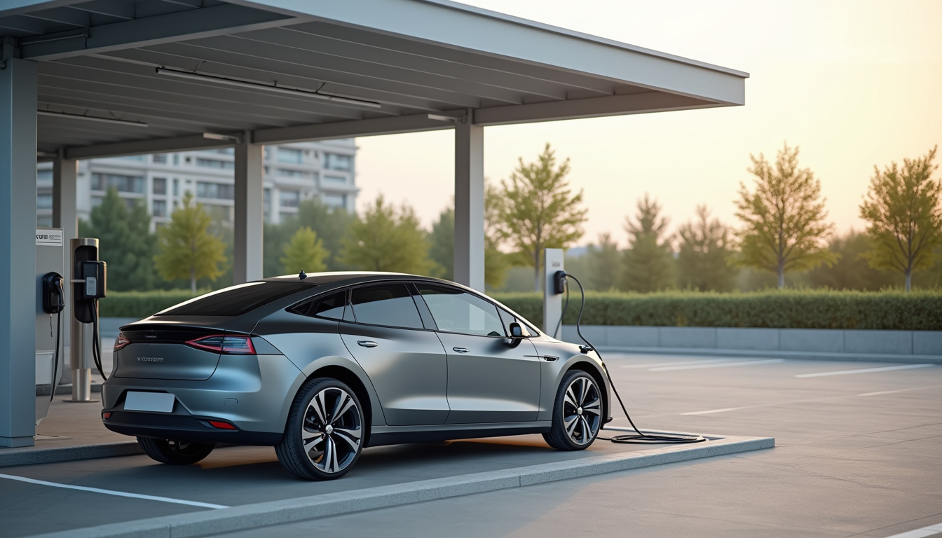 Station de recharge électrique publique à Peyrehorade, située près d'un supermarché, avec véhicule en cours de recharge
