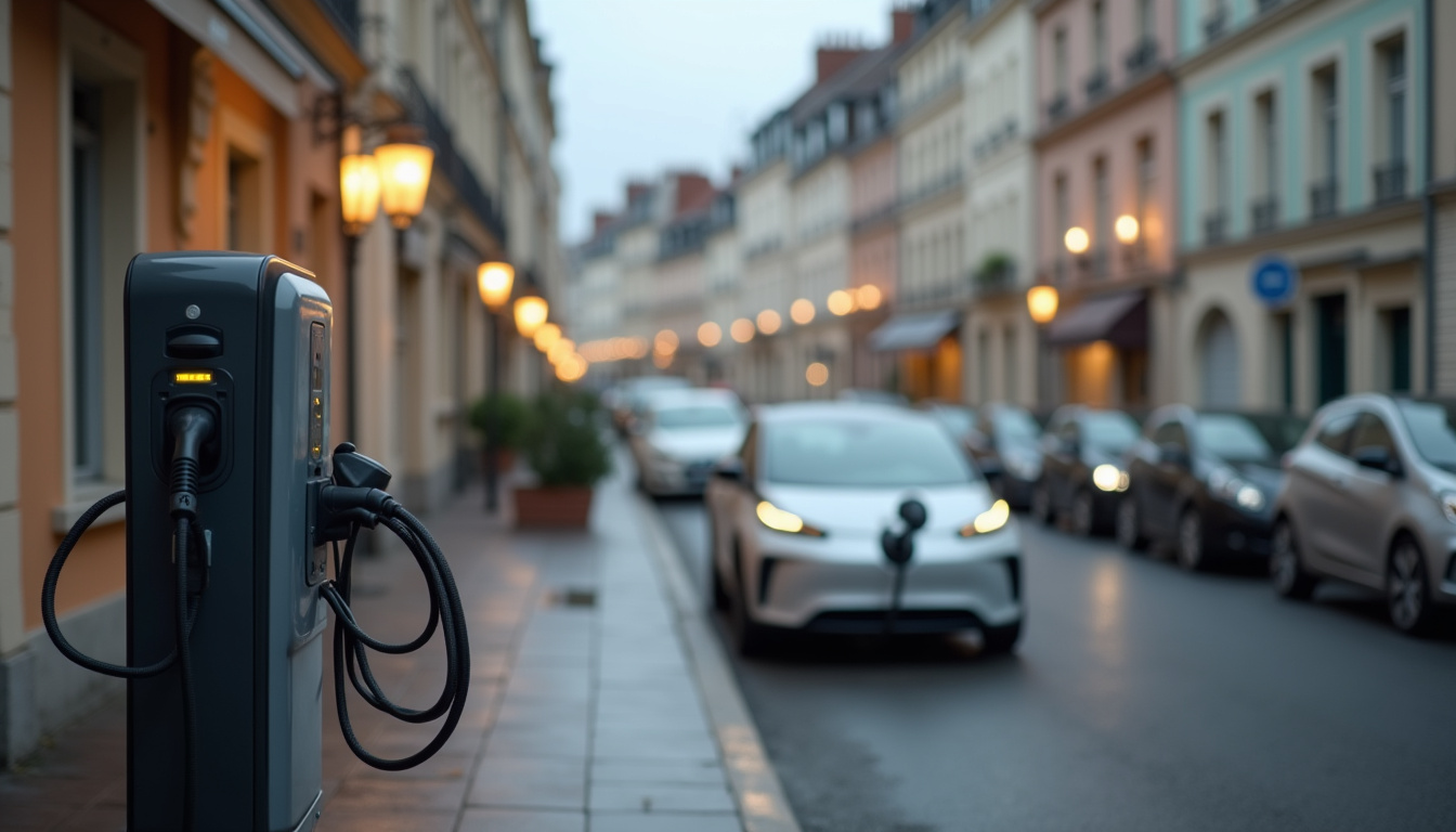 Station de recharge électrique publique dans une rue de Bondues, entourée de véhicules et de bâtiments urbains