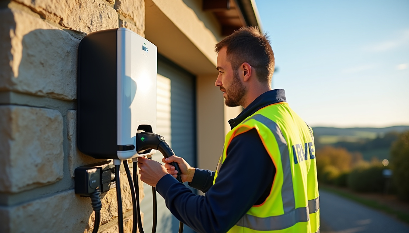 Technicien certifié IRVE en train d'installer une borne de recharge à Lannion