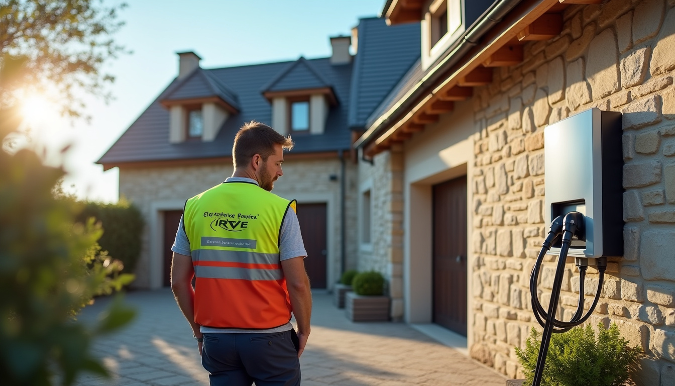 Technicien certifié IRVE en train d'installer une borne de recharge à Villefargeau