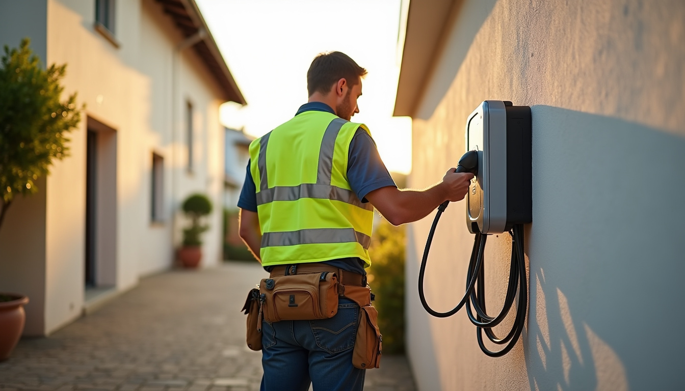 Technicien certifié IRVE en train d'installer une borne de recharge à Villelaure