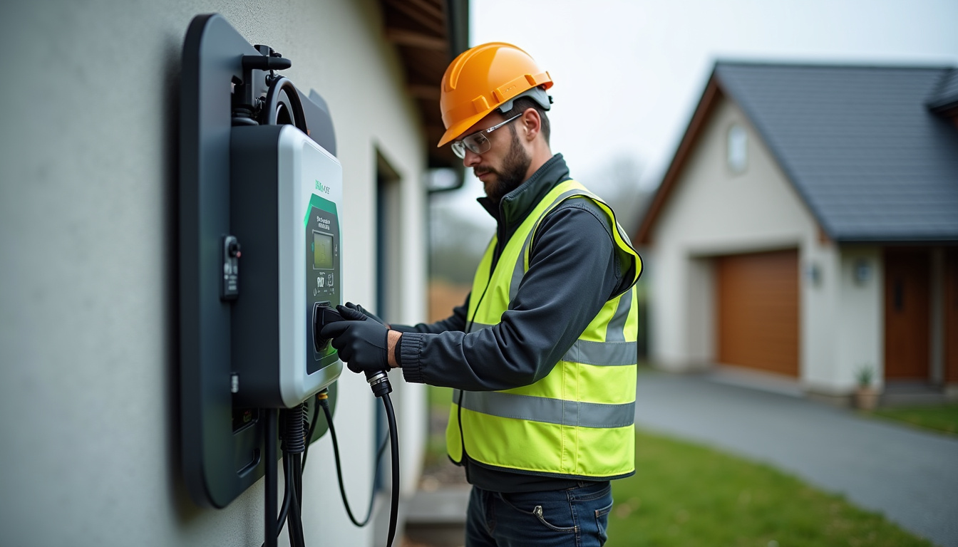 Technicien certifié IRVE en train d’installer une borne de recharge dans une maison à Chaponnay