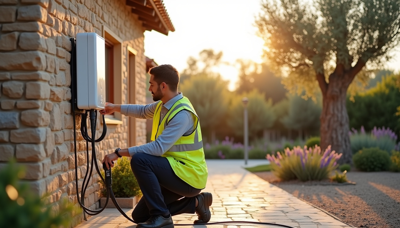 Technicien certifié IRVE en train d'installer une borne de recharge devant une maison à Rougiers